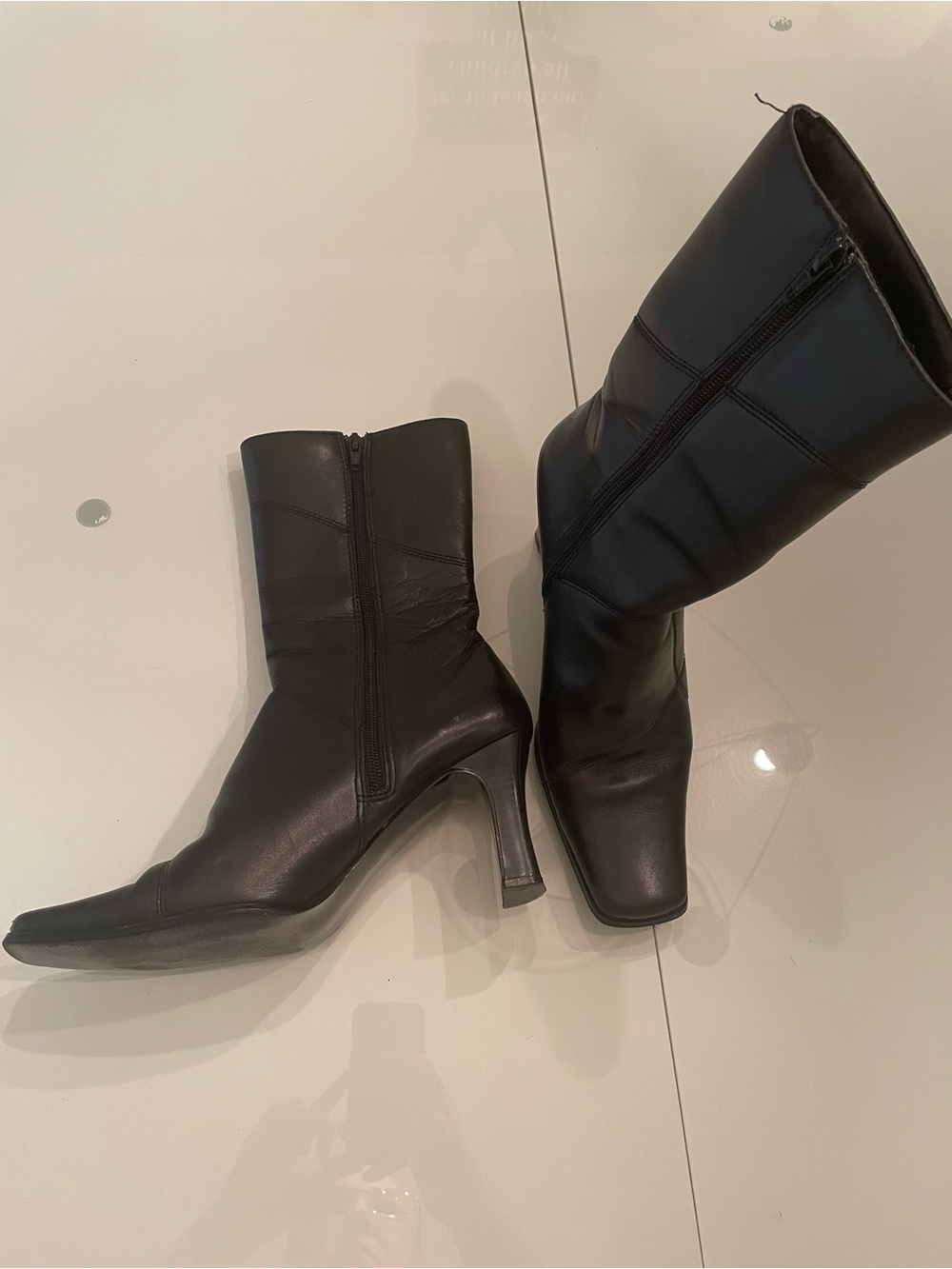 Diba Black Leather Mid-Calf Heeled Boots
